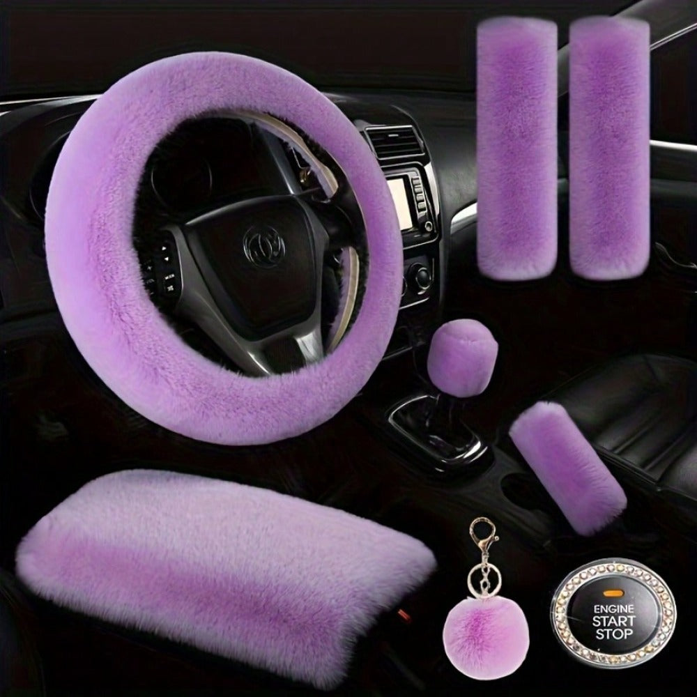 Plush Fluffy Steering Wheel Cover – Rex Rabbit Fur Texture, Universal Fit, 12 Colors (Black, Pink, Purple, Red & More) — imag