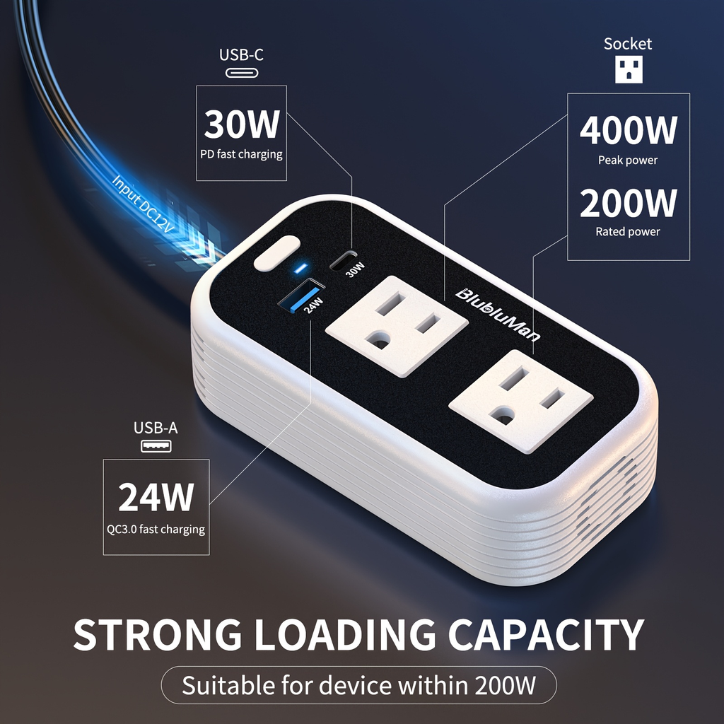 White-and-Black 200W Car Power Inverter with Two AC Outlets, 30W PD USB-C and 24W QC3.0 Ports — image 5