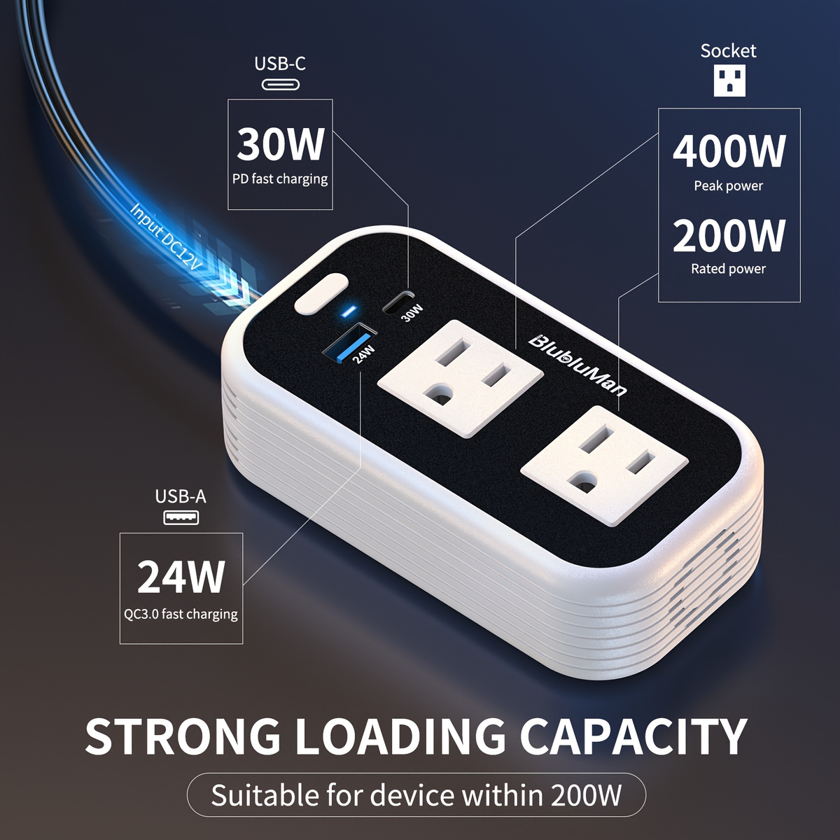 White-and-Black 200W Car Power Inverter with Two AC Outlets, 30W PD USB-C and 24W QC3.0 Ports — image 5