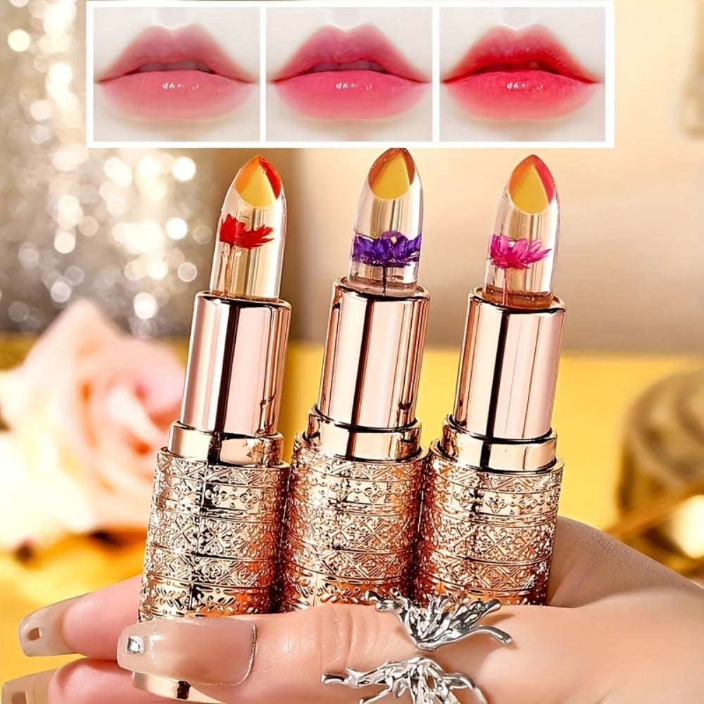 Jelly Flower Lipstick Set 6-Pack Color Changing Lip Balm Temperature Activated Tint Hydrating Squalane Formula Moisturizing T