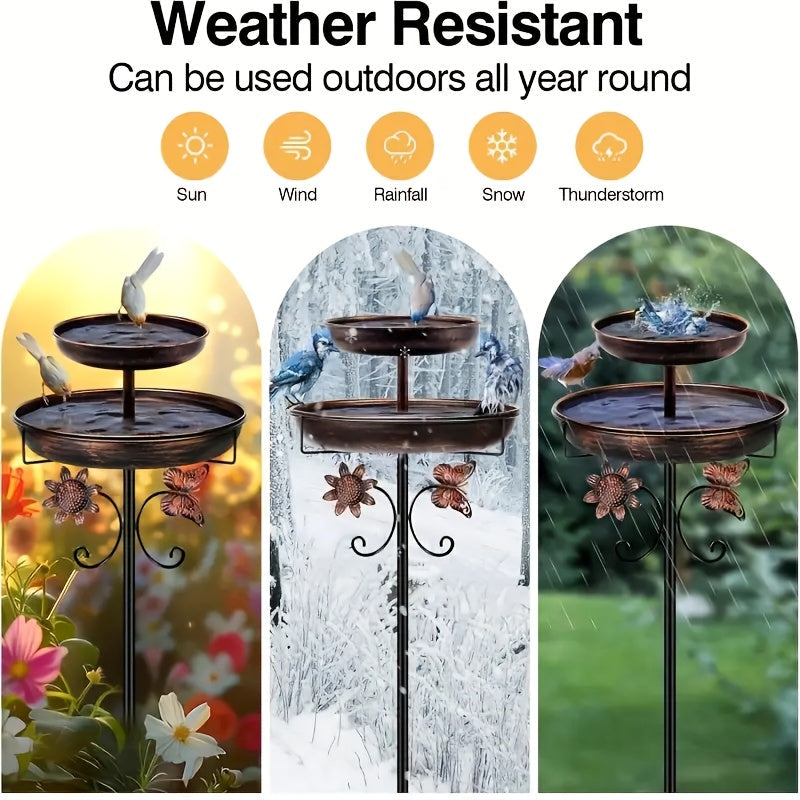 Two-Tier Bird Bath and Feeder with 5-Claw Ground Stake, Copper-Color Bowls and Leaf Accents — image 4