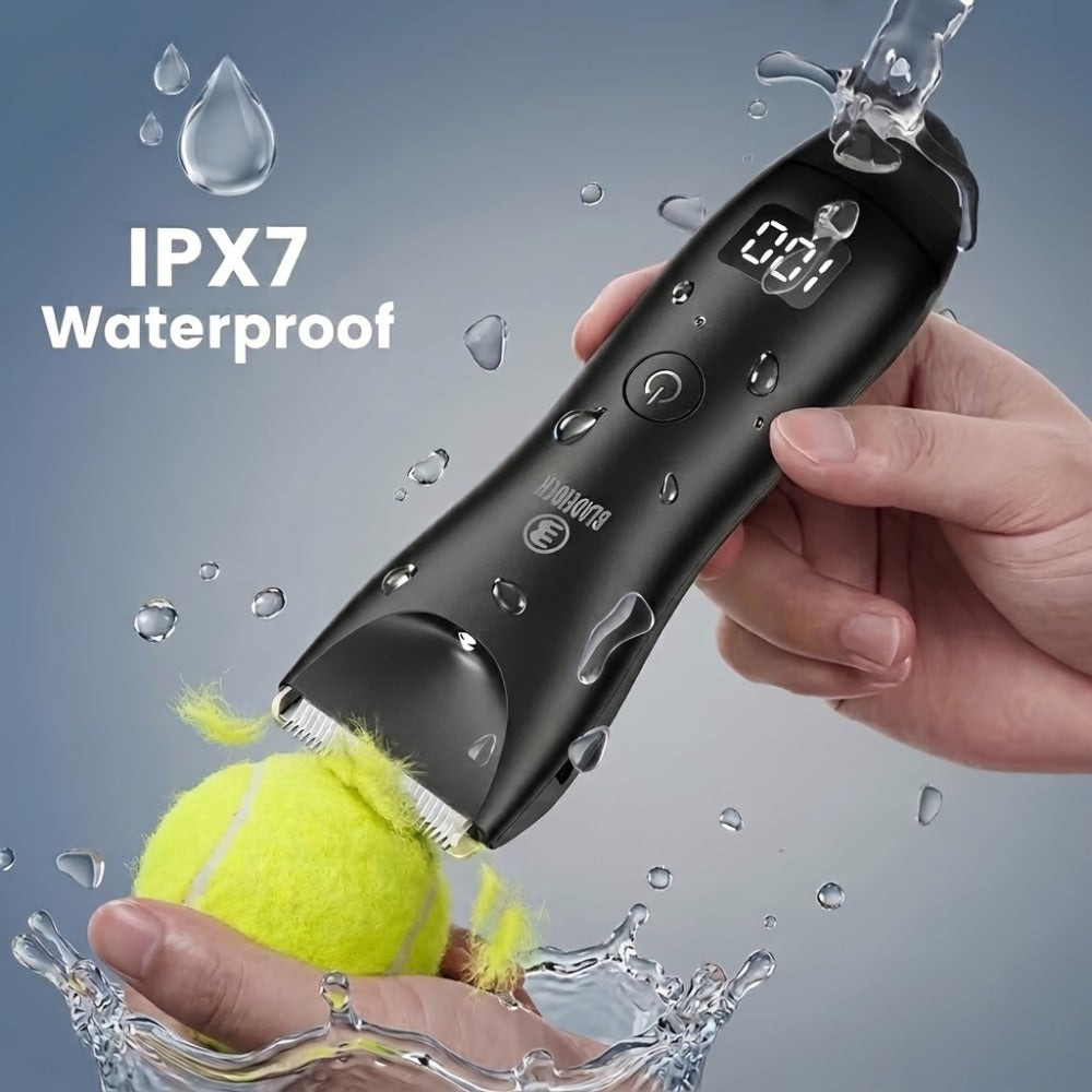 Manscaping Trimmer for Men IPX7 Waterproof Electric Groin and Ball Trimmer Ceramic Blades LCD Battery Display Replaceable Hea