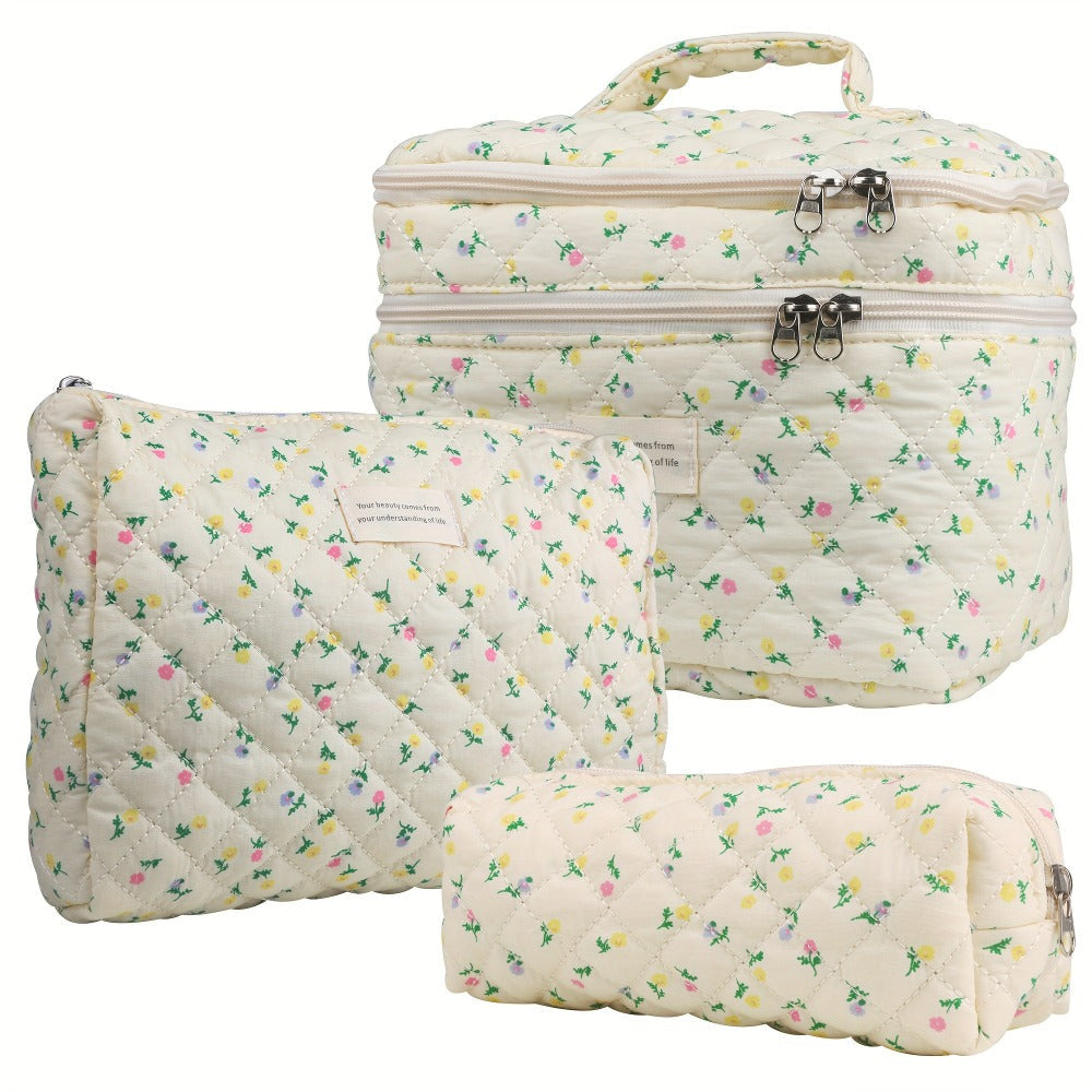 Makeup Bag Three-Piece Quilted Cotton Dual-Layer Floral Pouch Set for Travel, Vanity and Everyday Beauty Storage — image 14