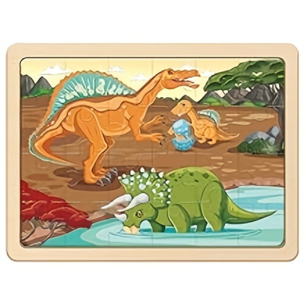 Dinosaur Puzzle Set for Kids Ages 3-8 Wooden 4-in-1 Jigsaw with 24 Pieces Each, Colorful Preschool Educational Toy for Boys &