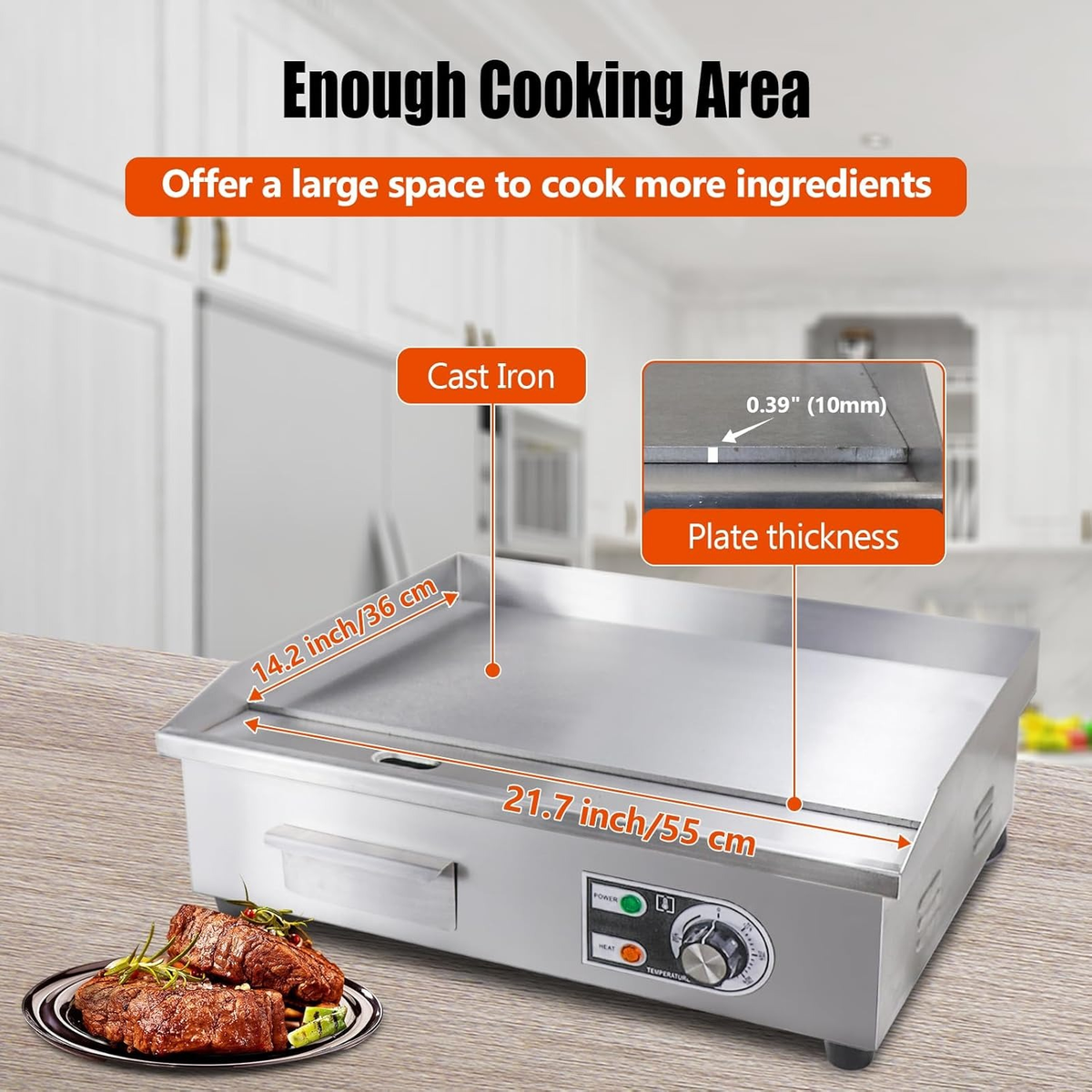 Electric Flat Top Grill 14"/22", Commercial Teppanyaki Griddle, Non-Stick Cast Iron Cooking Surface — image 8