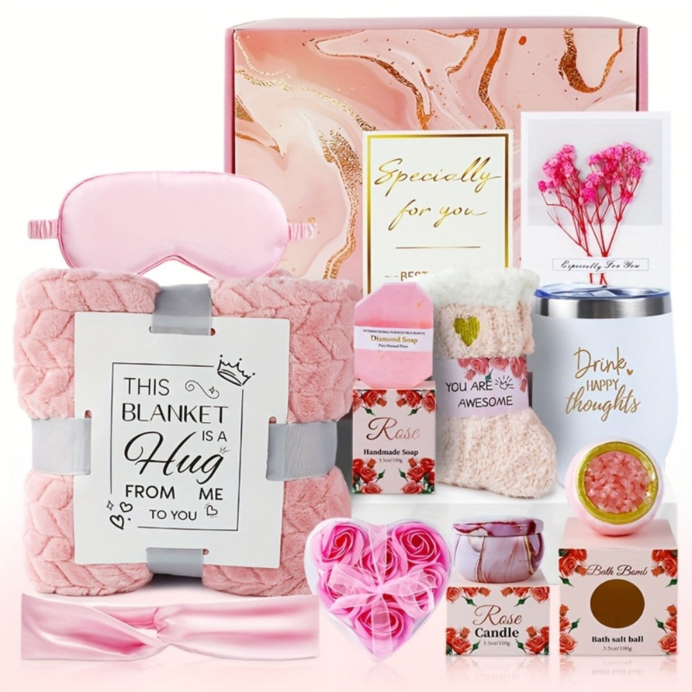 Luxury Spa Gift Set for Women 10-Piece Rose Scented Candles Bath Salt Balls Dried Flowers Eye Mask Soap Blanket Socks Hair Ri