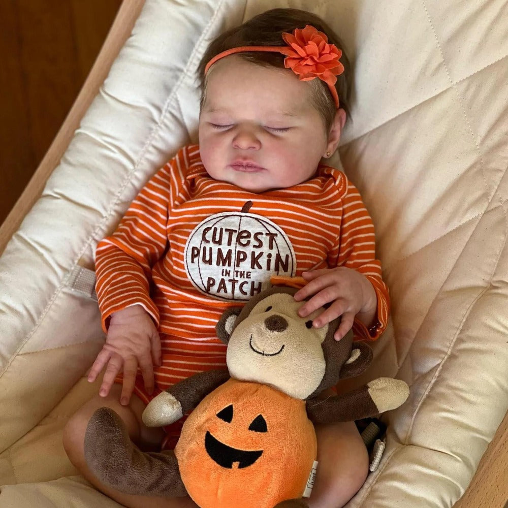 Reborn Baby Doll 20-Inch Sleeping Cloth Body with Rooted Hair, Orange Outfit, Pacifier, Bottle and Accessory Card — image 12