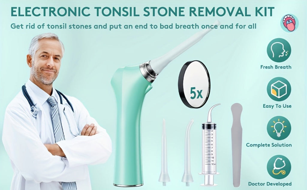 Tonsil Stone Remover Electric Vacuum Kit with LED Light – 3 Suction Modes 5X Magnifying Mirror Oral Irrigator Safe Gentle Ton