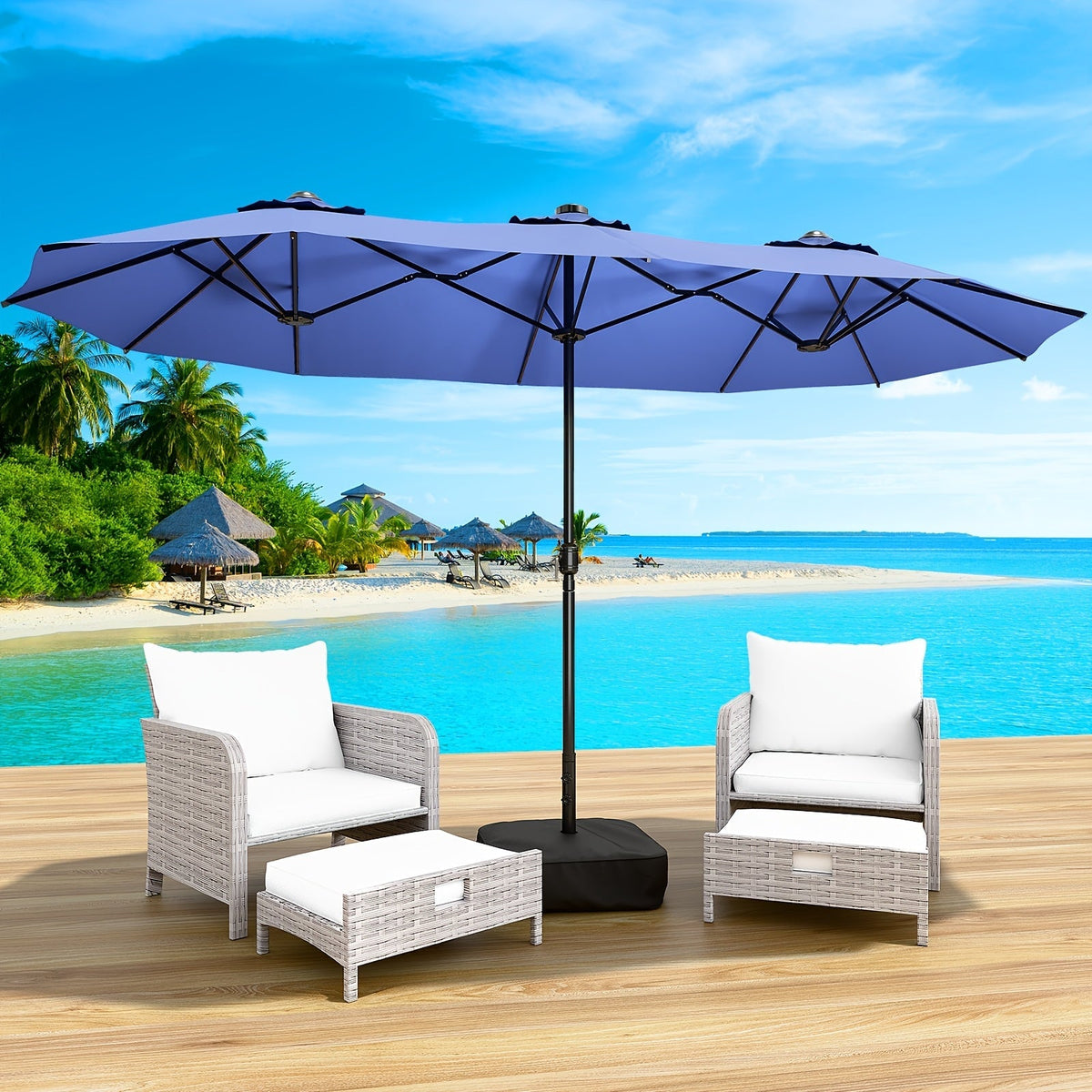 Patio Umbrella 15x7.5FT Double-Sided Style with Crank and Four Blue, Red, Khaki or Lake-Blue Options — image 2