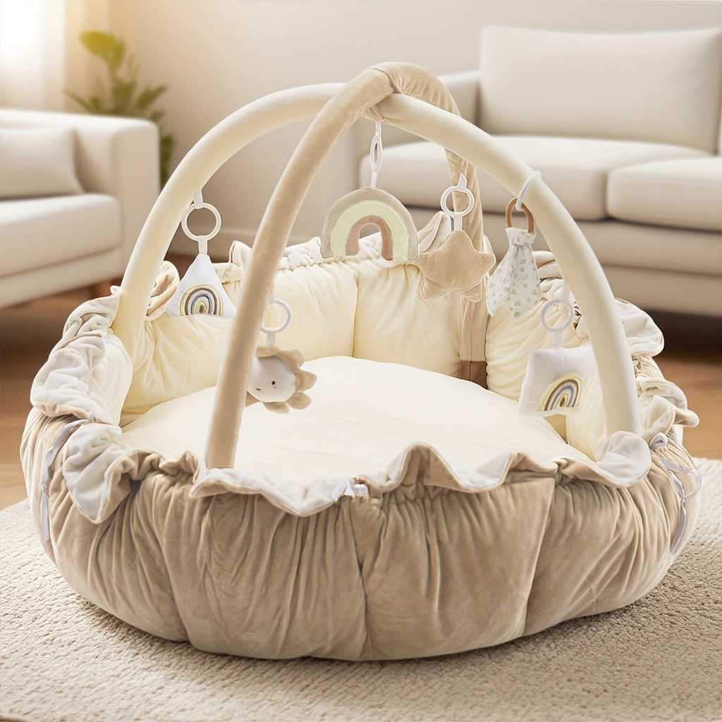 Convertible Round Pet Play Mat and Bed with Raised Sides, Removable Arches and Six Hanging Toys — image 14