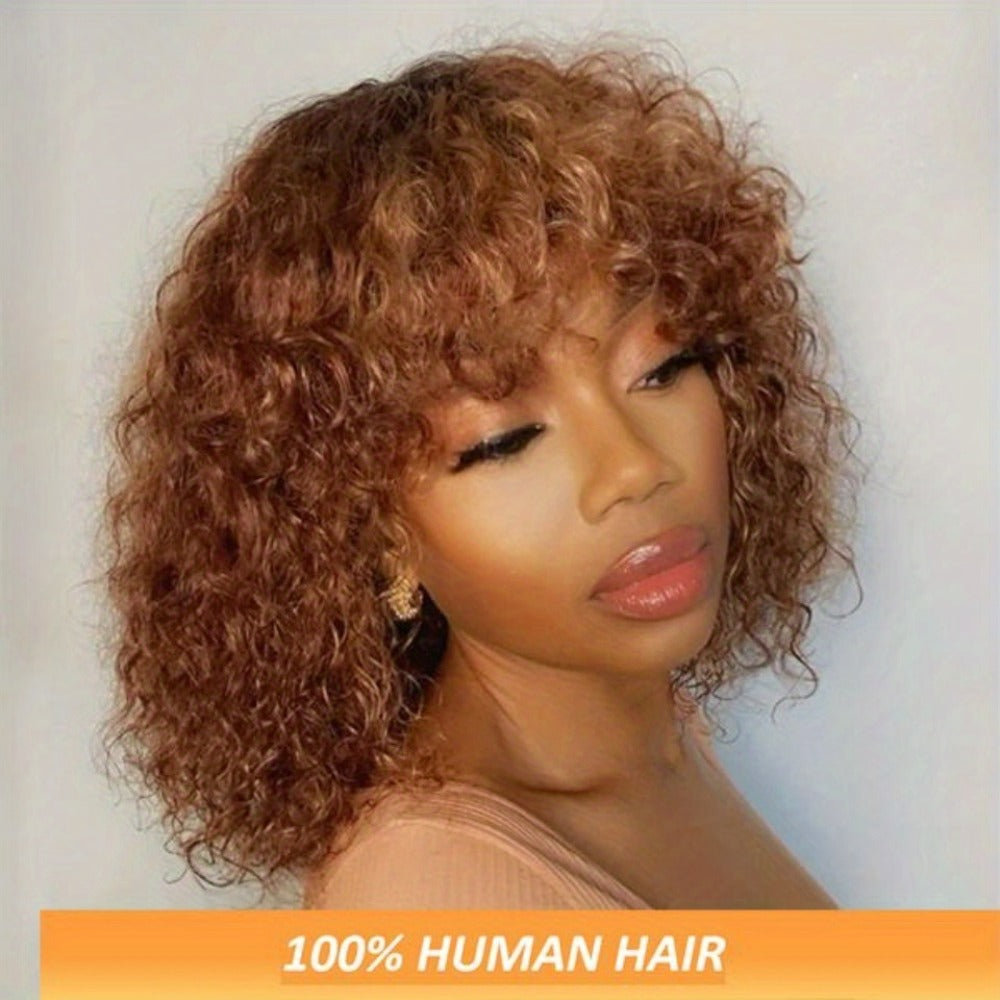 12-Inch Water Wave Bob Human Hair Wig with Bangs, 150% Density and TT1B/33 or P1B/30 Color — image 3