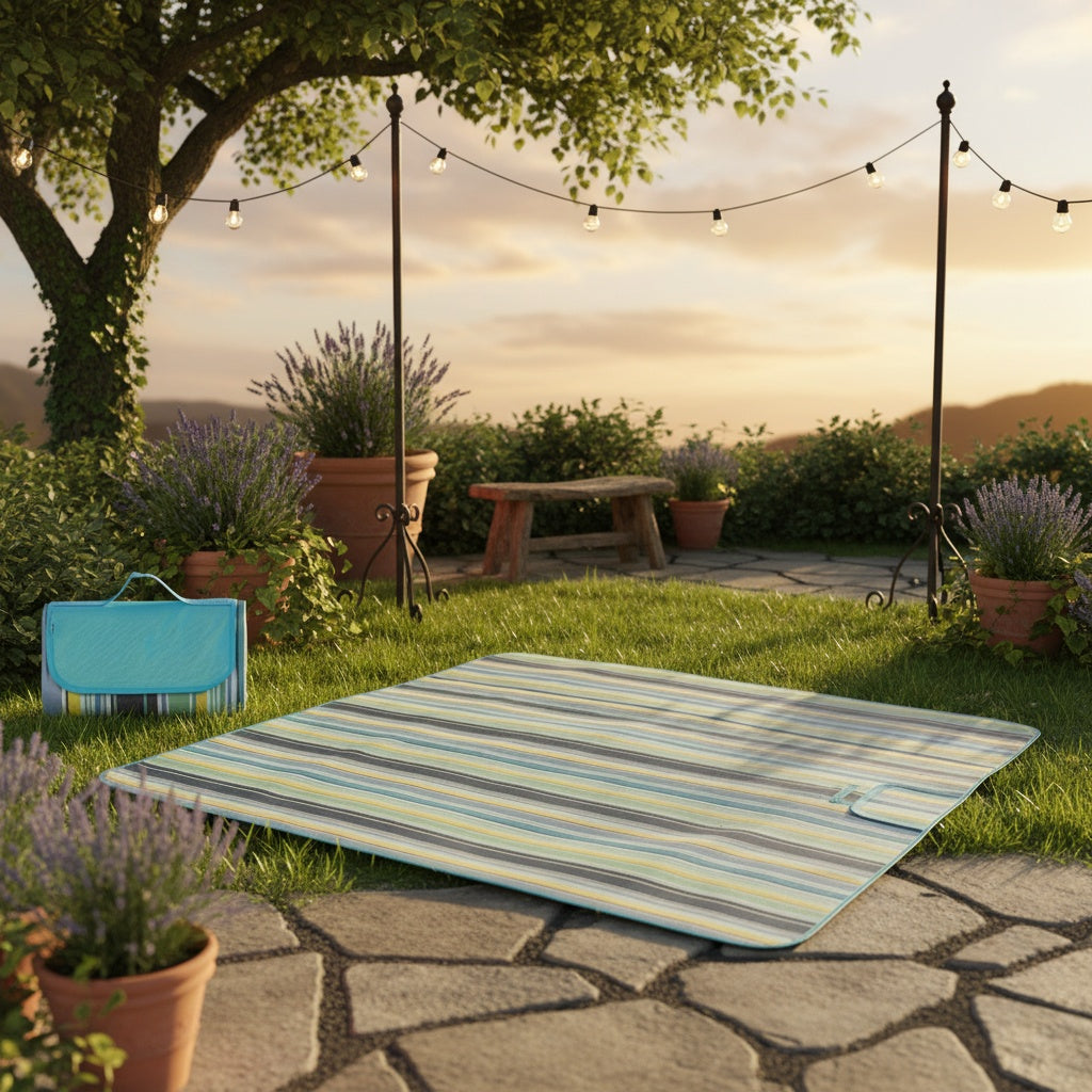 Blue Striped Picnic Blanket with Integrated Carry Flap, Top Handle and 78 x 60-Inch Pictured Size — image 7