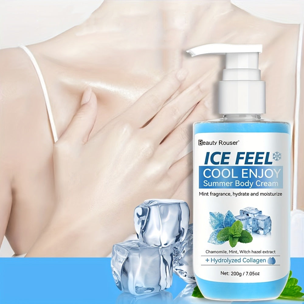 Body Cream Beauty Rouser ICE FEEL 200g Pump with Mint Chamomile Witch Hazel and Collagen Package Callouts — image 1