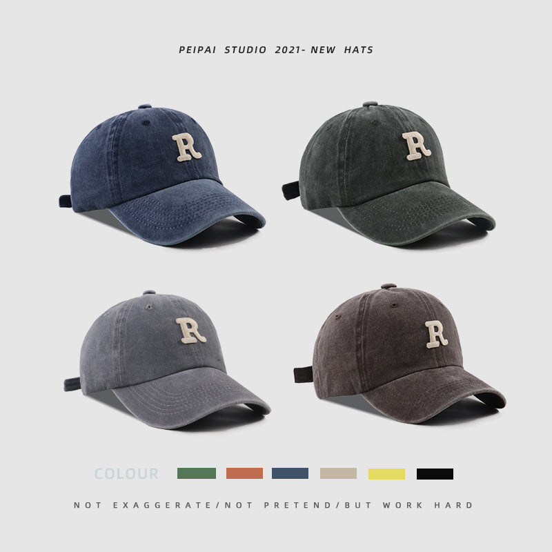 Washed Letter R Stick Ball Cap Casual Patch Sun Hat