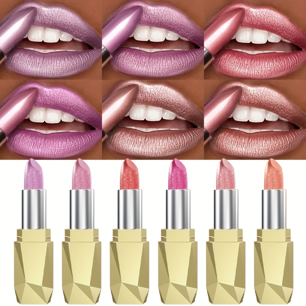Shimmer Lipstick Set 6 Piece Waterproof Long Lasting Glossy Lip Color Coral Pink Red Purple Shades Makeup Kit for Women Trave