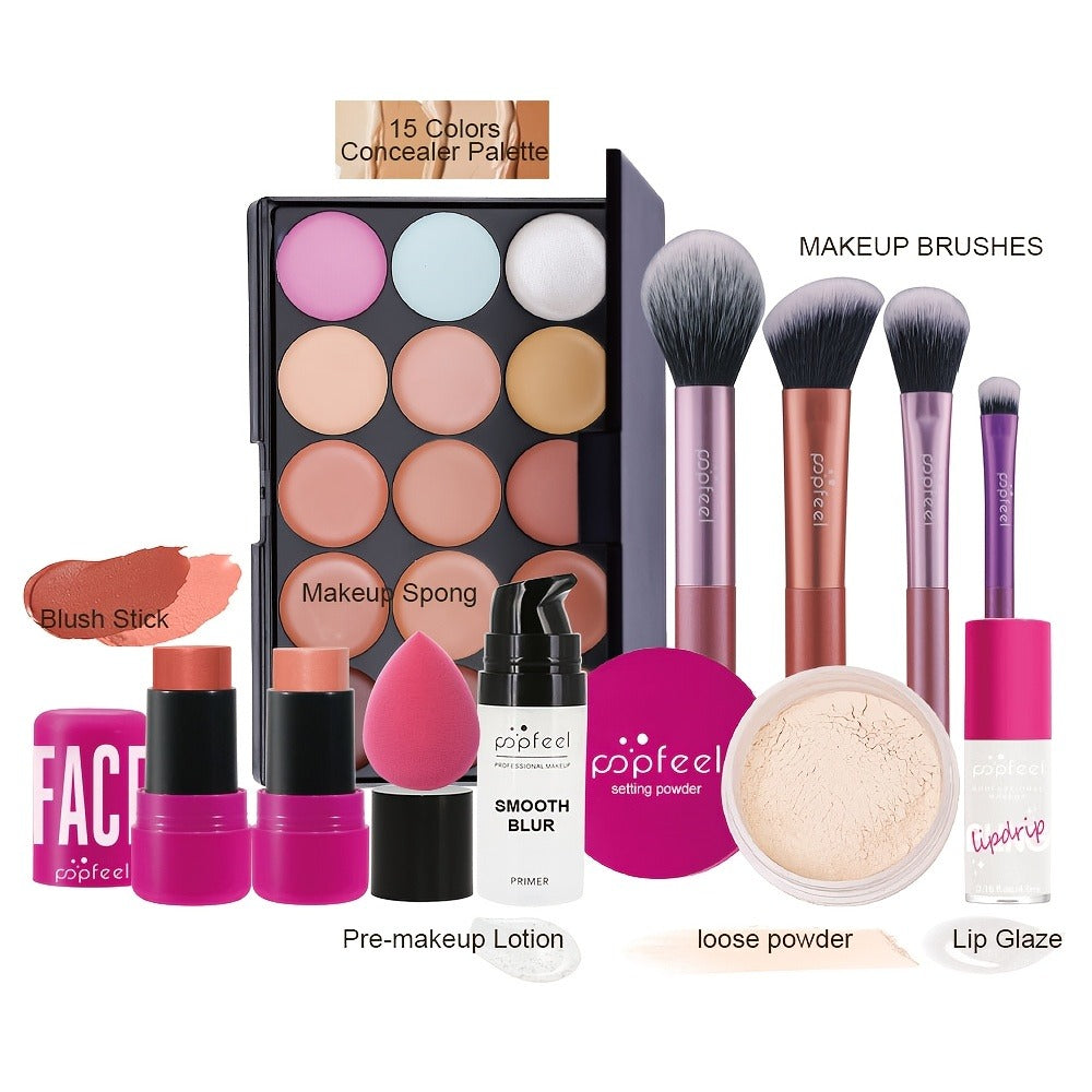 Pink Face Makeup Set with 15-Pan Face Palette, 9-Pan Color Palette, Four Brushes and Lip, Eye and Powder Products — image 2