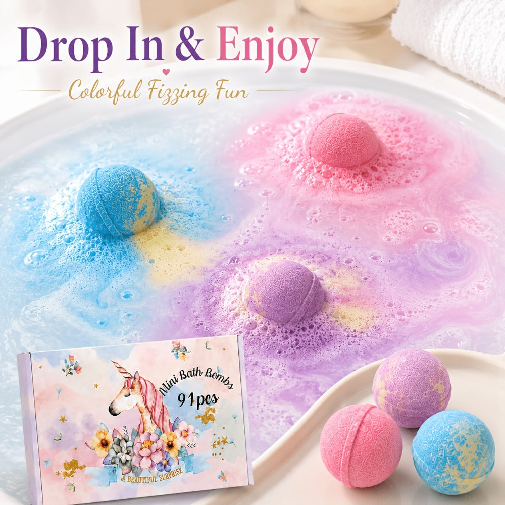 Bath Bombs, 91-Piece Mini Fizzer Set with 15g Round Pieces, Three Labeled Scents and Random Assorted Colors — image 3
