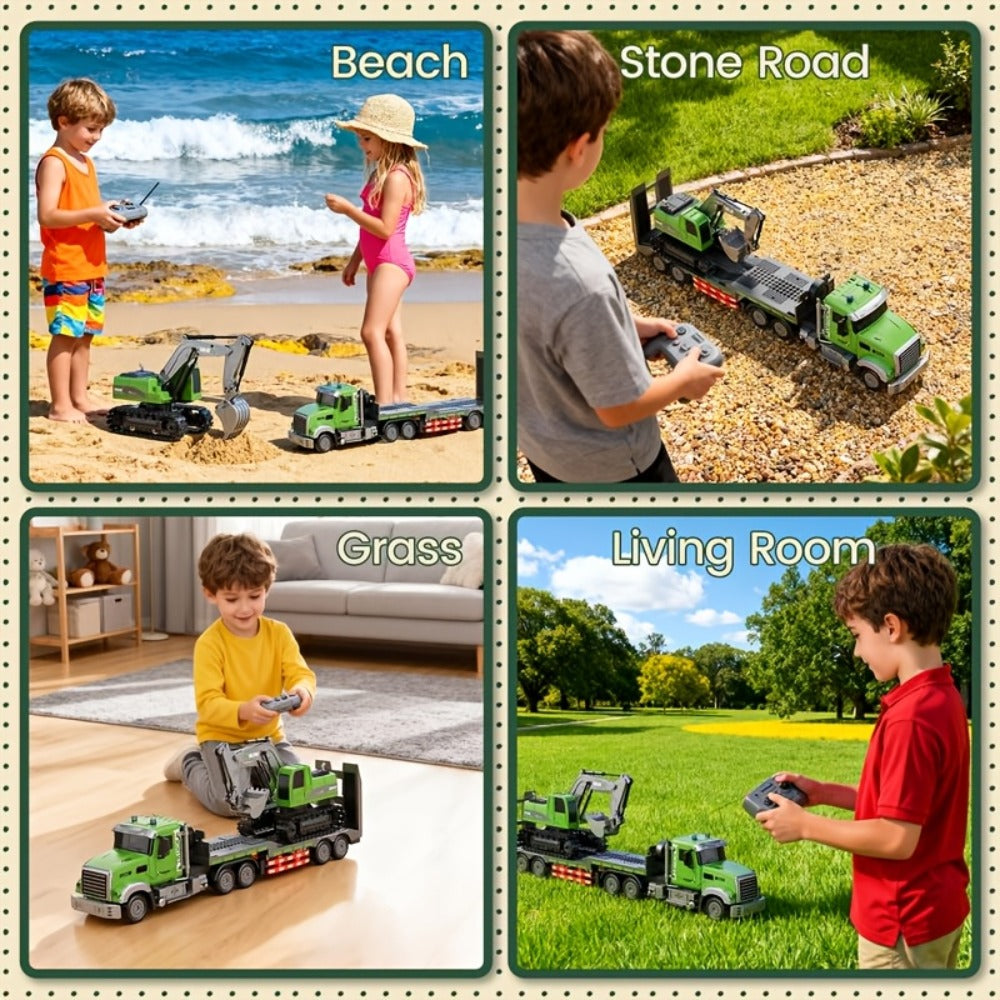 RC Semi Truck with Flatbed Trailer & Alloy Excavator Set 1:12 Scale, 11-Channel Dual Control, Sound & Lights — image 6