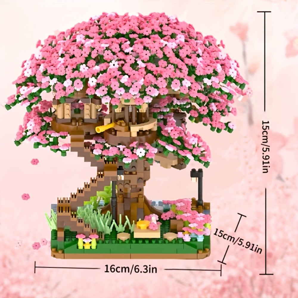 Building Block Set Cherry Blossom Tree House, 1020 or 2028 Micro Pieces with Pink Canopy and Base Display — image 3