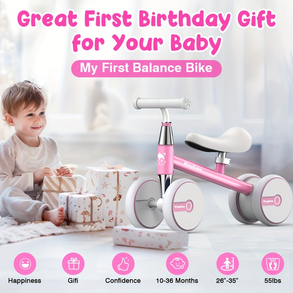 4 Wheel Balance Bike for Baby Toddlers 10-36 Months, First Bike with Adjustable Seat, 90° Steering Limit & Silent Anti-Slip T