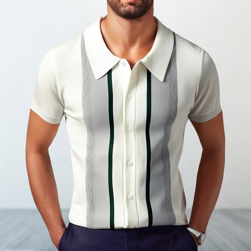Summer New Men's Knitted Lapel Casual Striped Polo Shirt