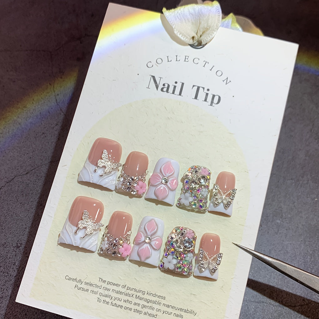 Press On Nails 10-Piece Short Duckbill Set with White French Tips, Golden Butterfly and 3D Carved Flower — image 14