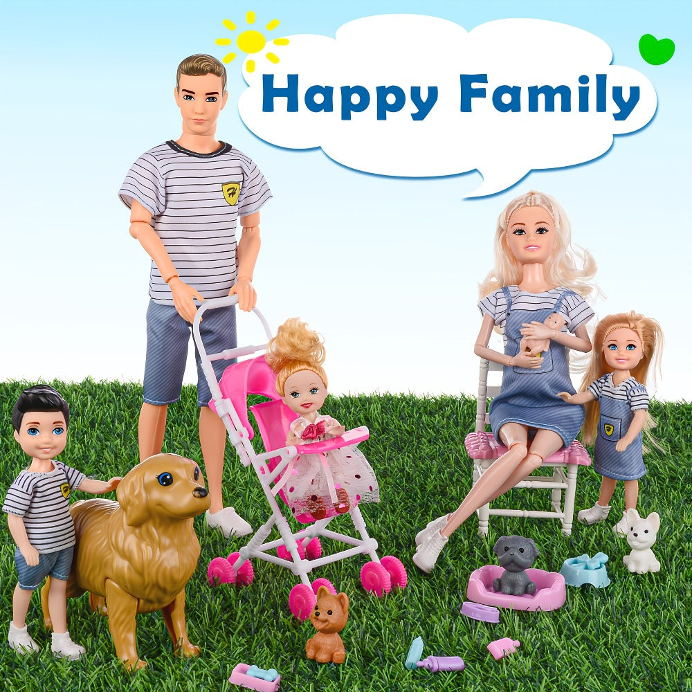 Family Doll Set with Pets & Accessories, 6 Poseable Collectible Dolls with Puppies, Handcart & Changeable Clothes — image 4