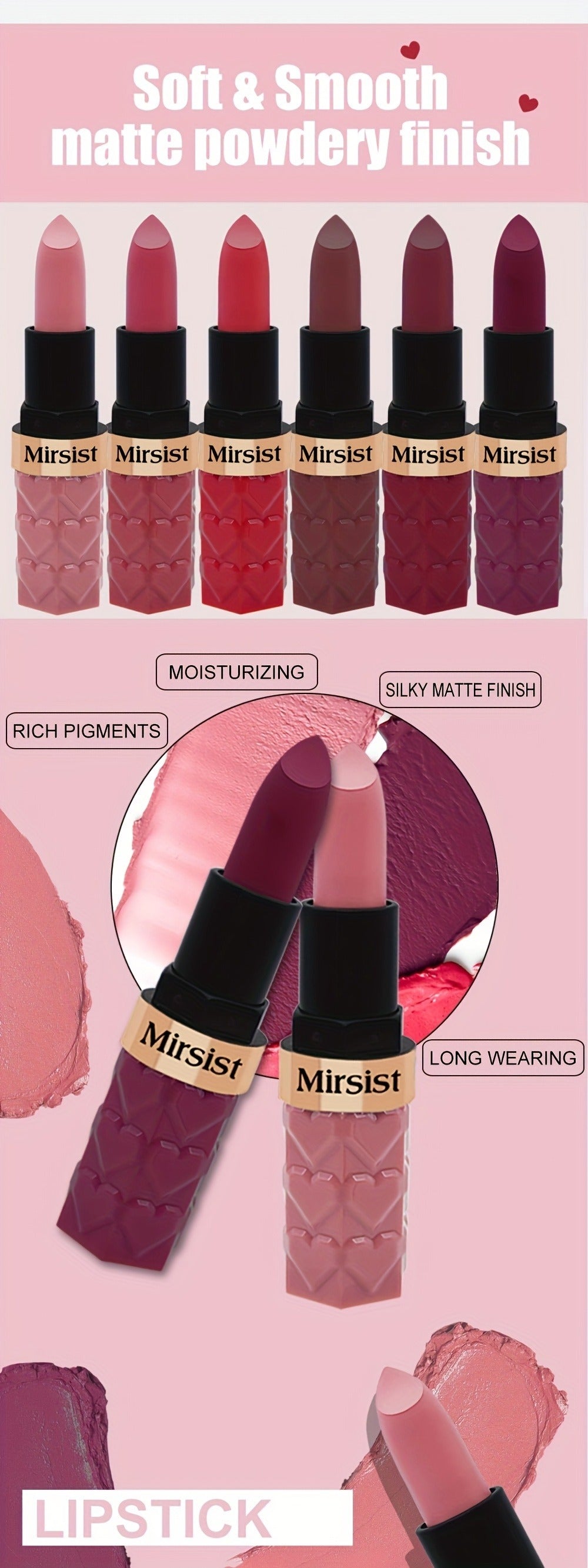 Lipstick Set, Mirsist 6-Piece Silky Matte Bullet Collection in Nude, Red, Brown, Berry and Plum Colors — image 15