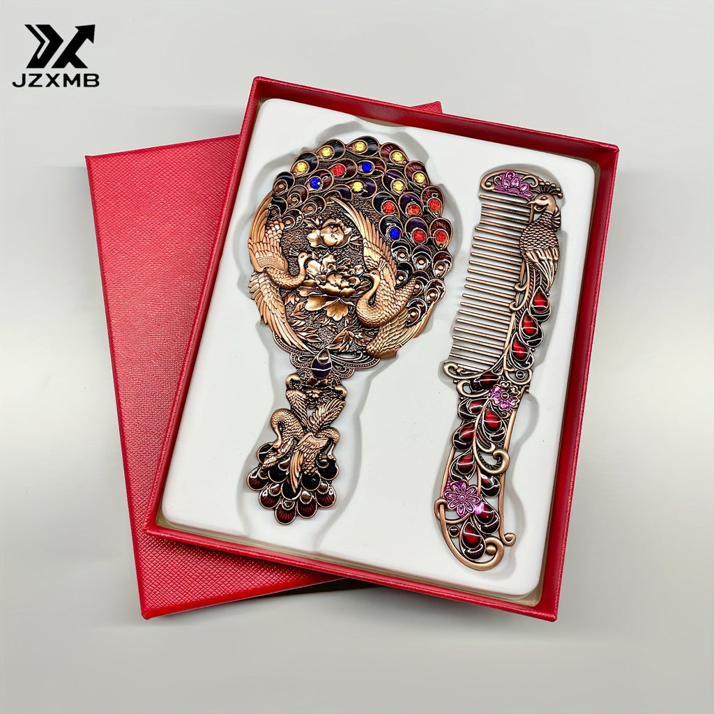 Vintage Peacock Hair Comb and Mirror Set 2 Pcs – Fine-Tooth Stainless Steel Decorative Butterfly Flower Portable Handheld Mir