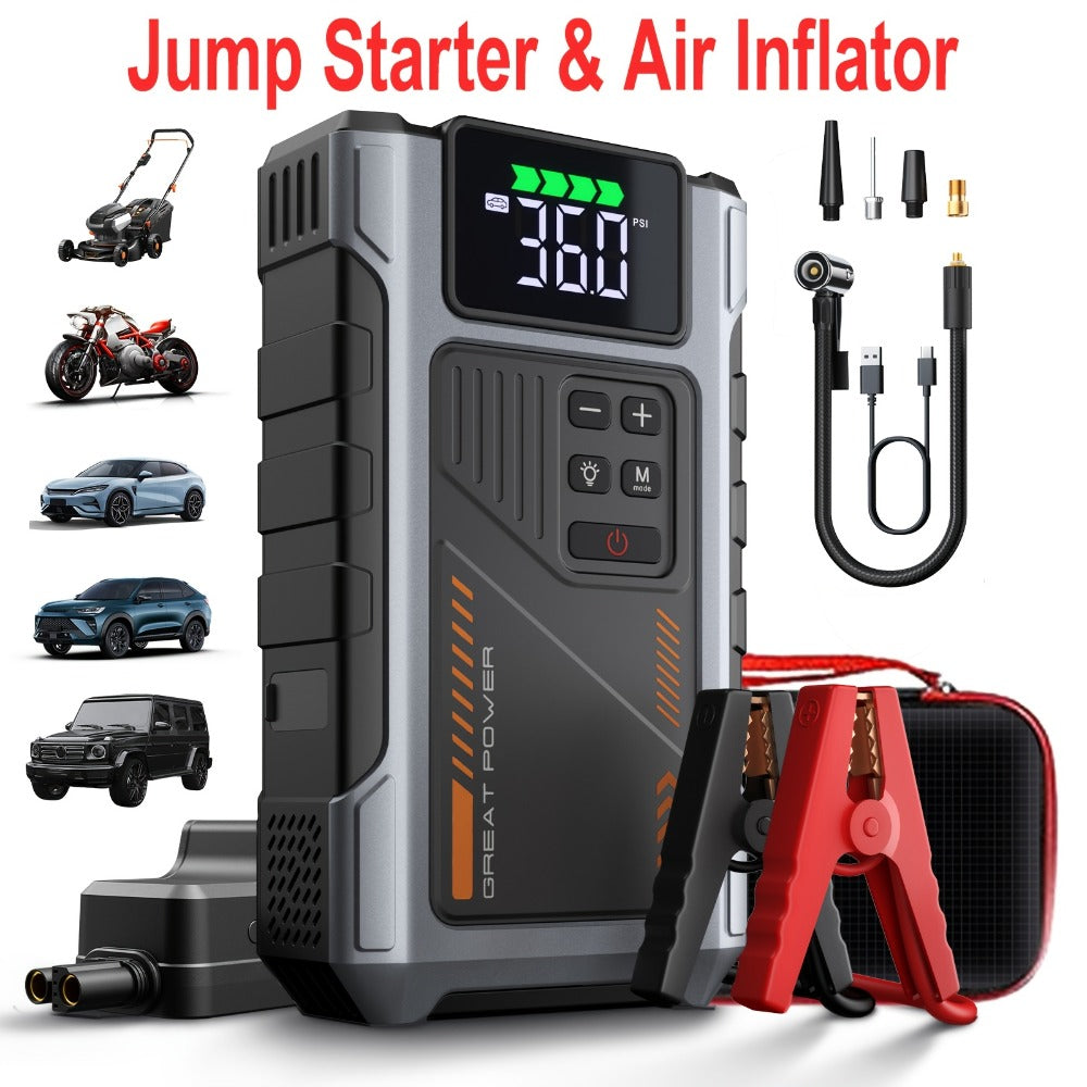 Portable Jump Starter 9-in-1 with Air Compressor – 12V Car Battery Booster for 8.0L Gas & 6.5L Diesel, USB-C, LED Emergency L