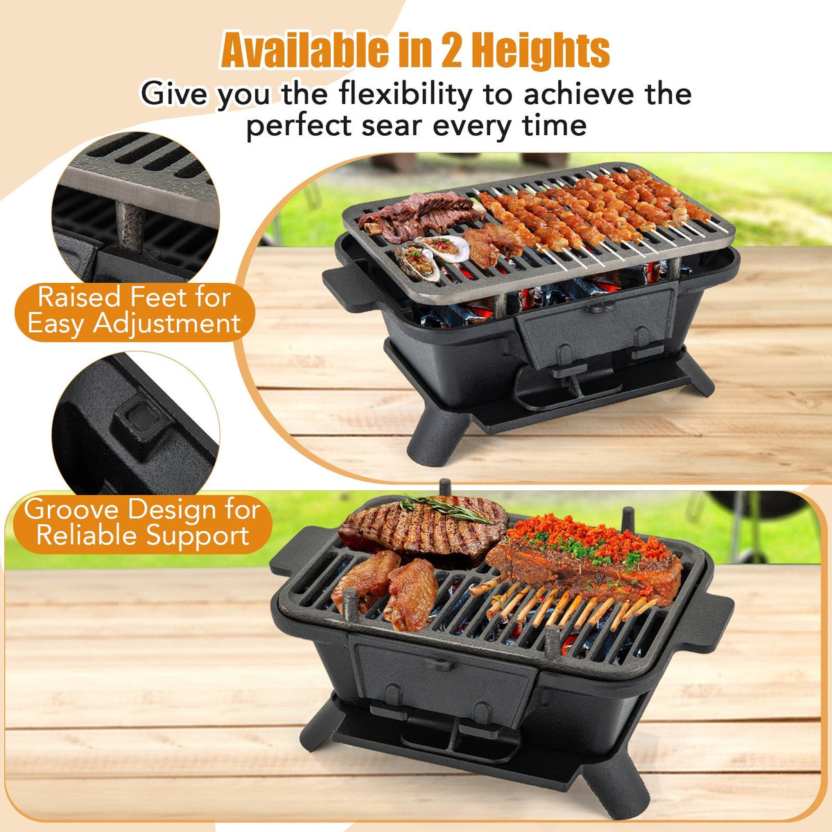 Cast Iron Charcoal Grill Portable Hibachi Tabletop BBQ Grill 16x11in Double-Sided Grate for Grilling, Camping and Outdoor Mea