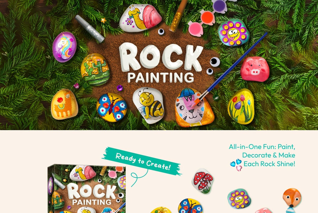 Rock Painting Craft Kit with 10 Stones, 16 Paint Colors, Brushes, Gems, Glitter and Stickers — image 9