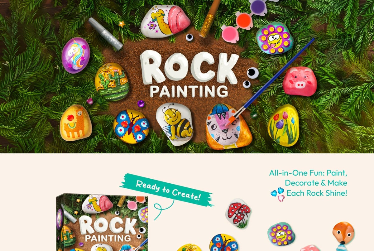 Rock Painting Craft Kit with 10 Stones, 16 Paint Colors, Brushes, Gems, Glitter and Stickers — image 9