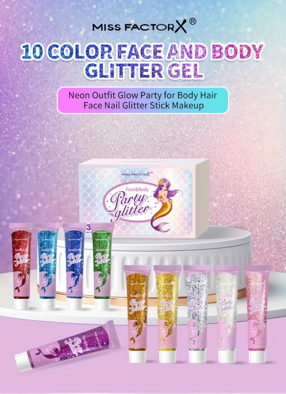 Face Body Glitter Gel Set 30 Pieces – Colorful Shapes Mermaid Sequin Stars Hearts, Transparent Gel Base, Skin-Safe Shimmer Ma
