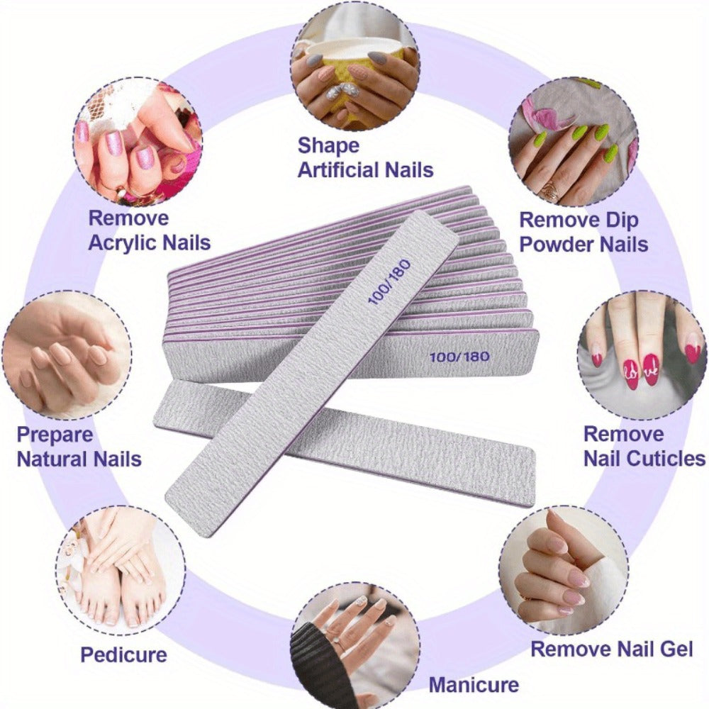 Emery Boards Nail Files 50 Pack 100 180 Grit Double Sided Professional Fingernail Filer Set Reusable for Natural Acrylic Gel 