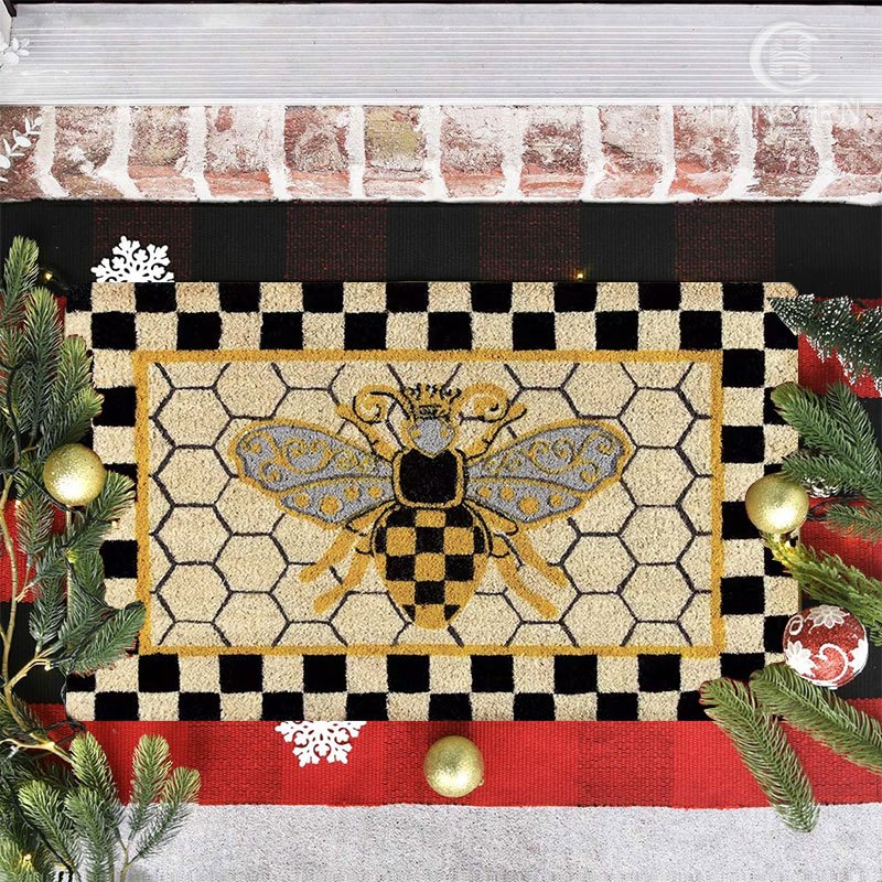 Bee Honeycomb Entryway Floor Mat with Black Check Border in Three Sizes from 15.74 x 23.62 to 17.71 x 47.24 Inches — image 1