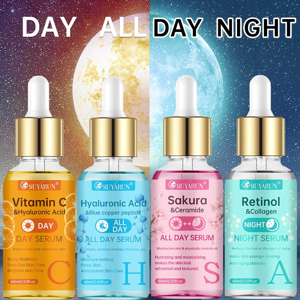 Face Serum Set 4-Piece Day & Night with Vitamin C Retinol Hyaluronic Acid Ceramide - Deep for Bath Time, Home Spa and Persona