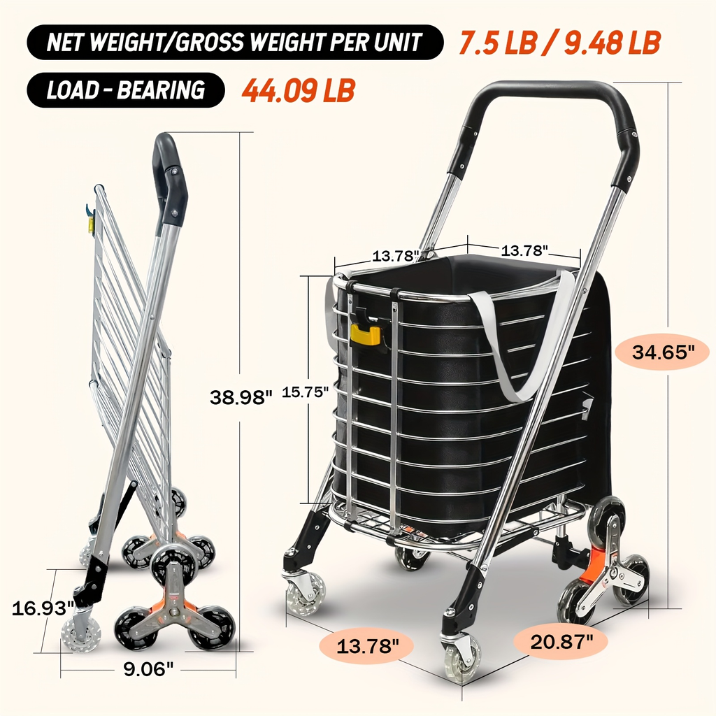 Stair Climbing Cart Collapsible Shopping Trolley with Swivel Wheels & Night Light, for Garden, Patio and Yard Use — image 2