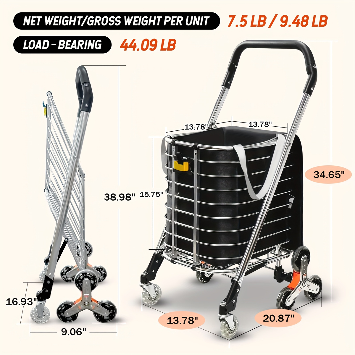 Stair Climbing Cart Collapsible Shopping Trolley with Swivel Wheels & Night Light, for Garden, Patio and Yard Use — image 2