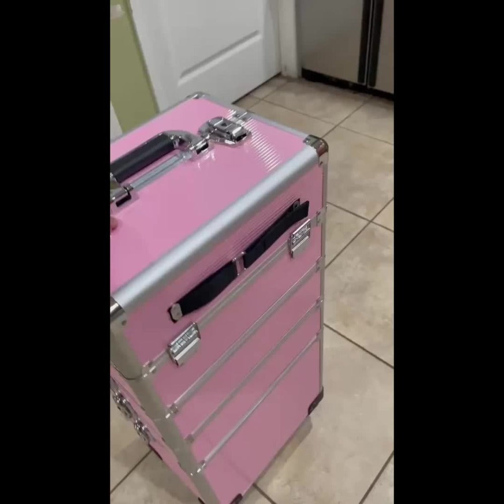 Rolling Makeup Case Aluminum 4-in-1 Extra Large Professional Cosmetic Trolley with 360° Swivel Wheels for Makeup Artist Tatto