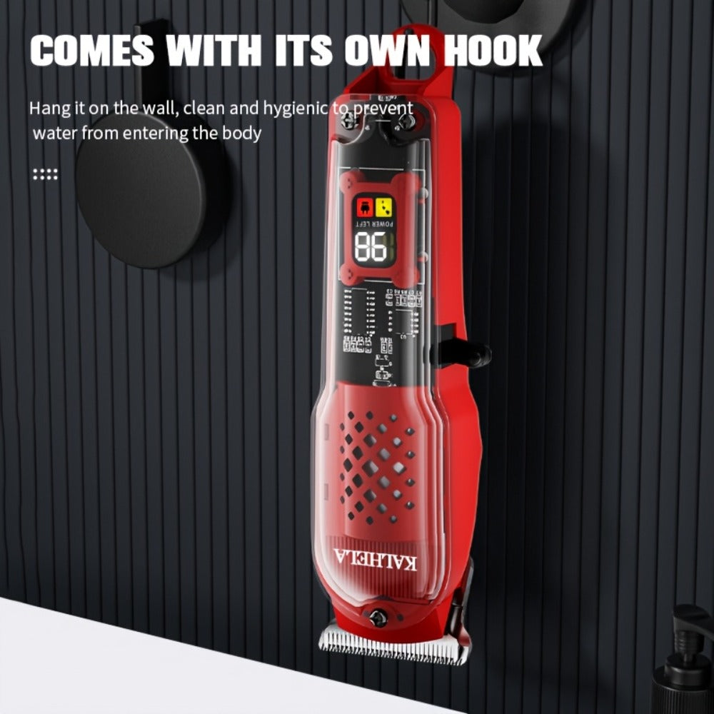 Transparent Electric Hair Clipper with Digital Display, Four Guide Combs, Grooming Tools and Red, Black or Blue Finish — imag