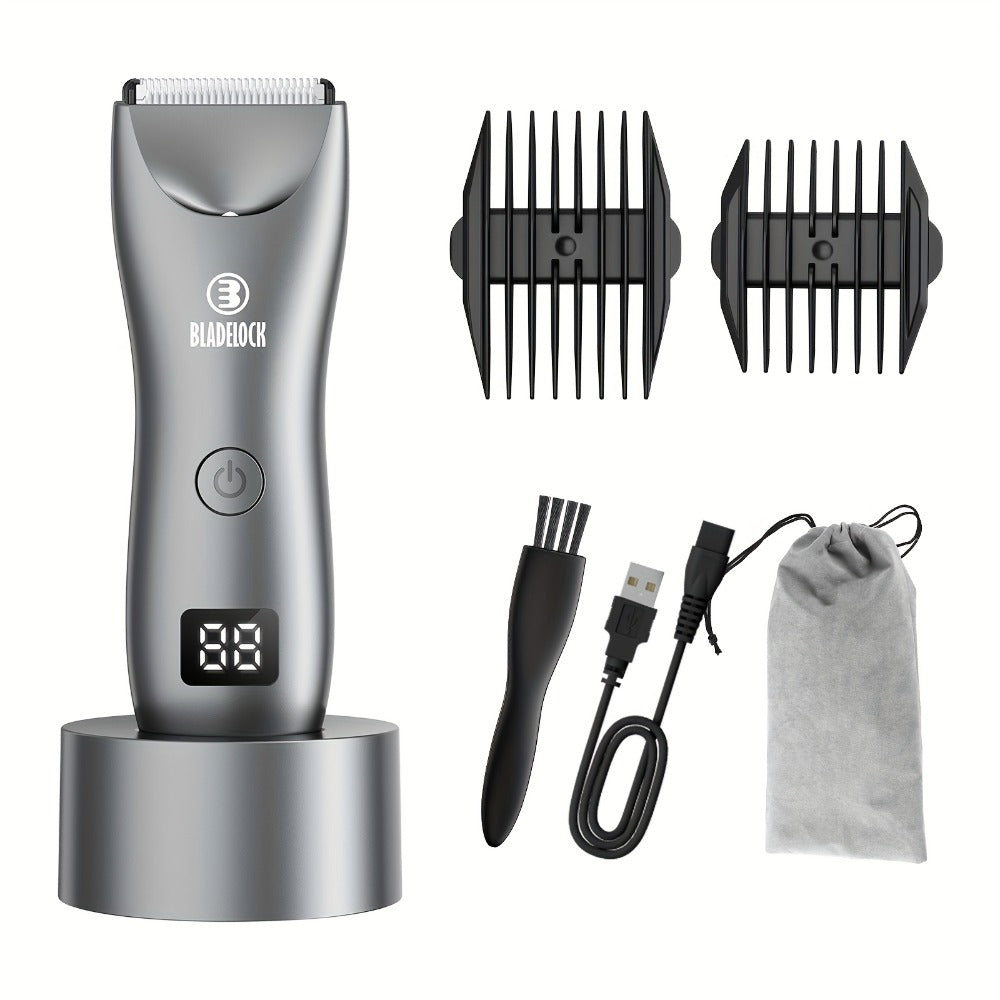 Manscaping Trimmer for Men IPX7 Waterproof Electric Groin and Ball Trimmer Ceramic Blades LCD Battery Display Replaceable Hea