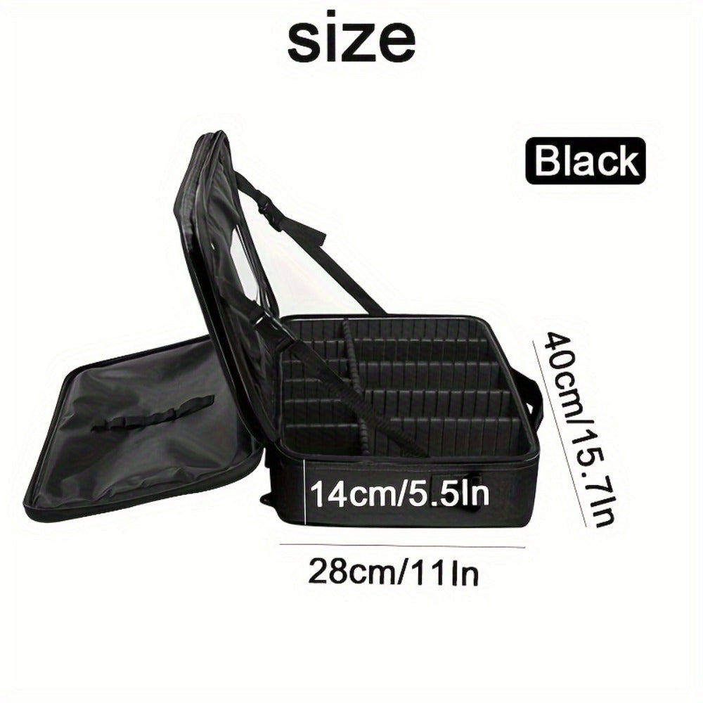 Black 15.8-Inch Soft Makeup Train Case with Three-Layer Interior, Brush Panel and Shoulder Strap — image 6