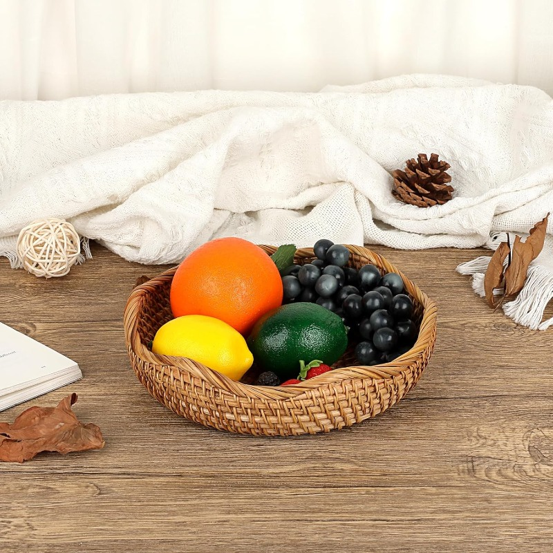 Rattan Tray Bowl – 8.5 Inch Hand Woven Natural Wicker Basket Tray for Fruit, Bread, Keys, Tabletop Decor, Kitchen, Entryway &