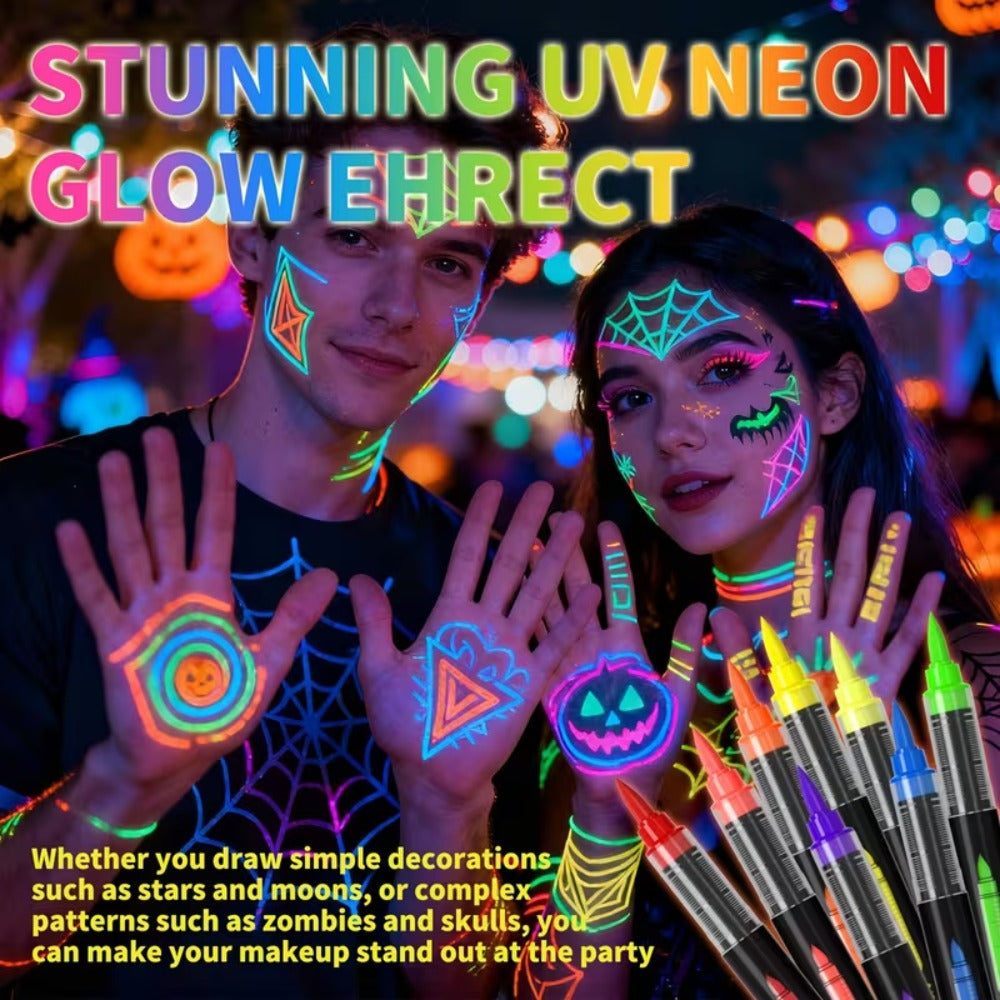 Face Body Paint Pen Set 8 Colors with 105 Tattoo Stencils, Glow in the Dark Neon UV Blacklight Face Paint — image 2