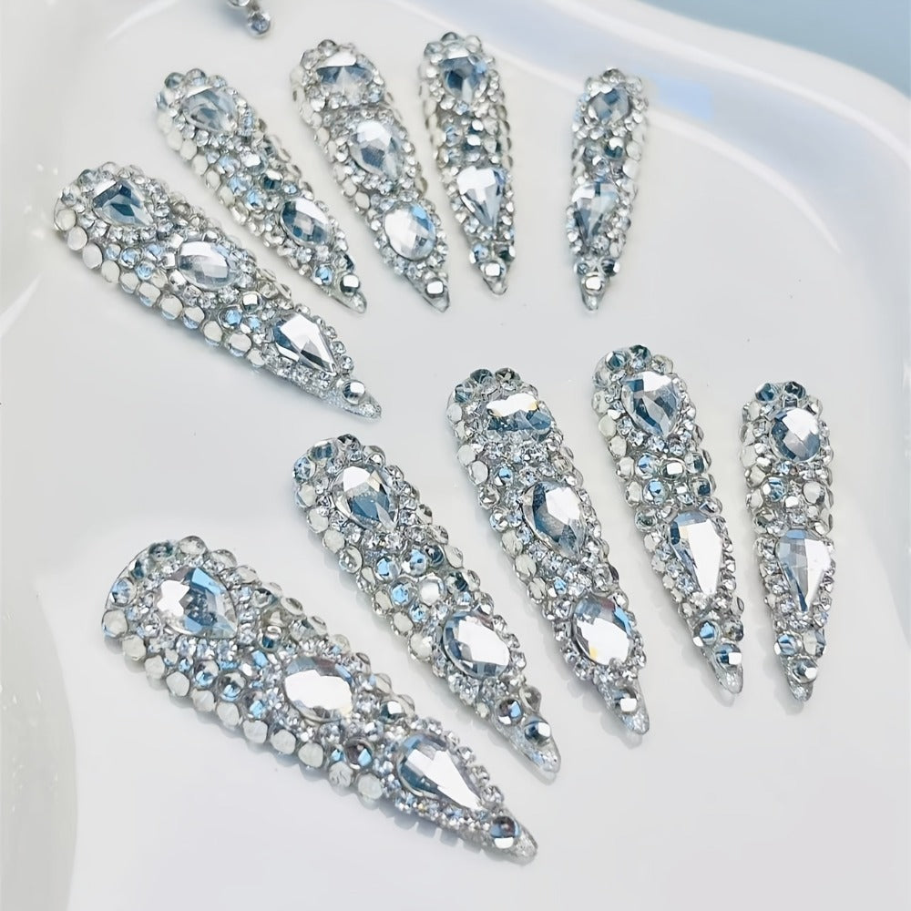Press On Nails 10-Piece Extra-Long Pointed Almond Set with Silvery Rhinestones — image 4