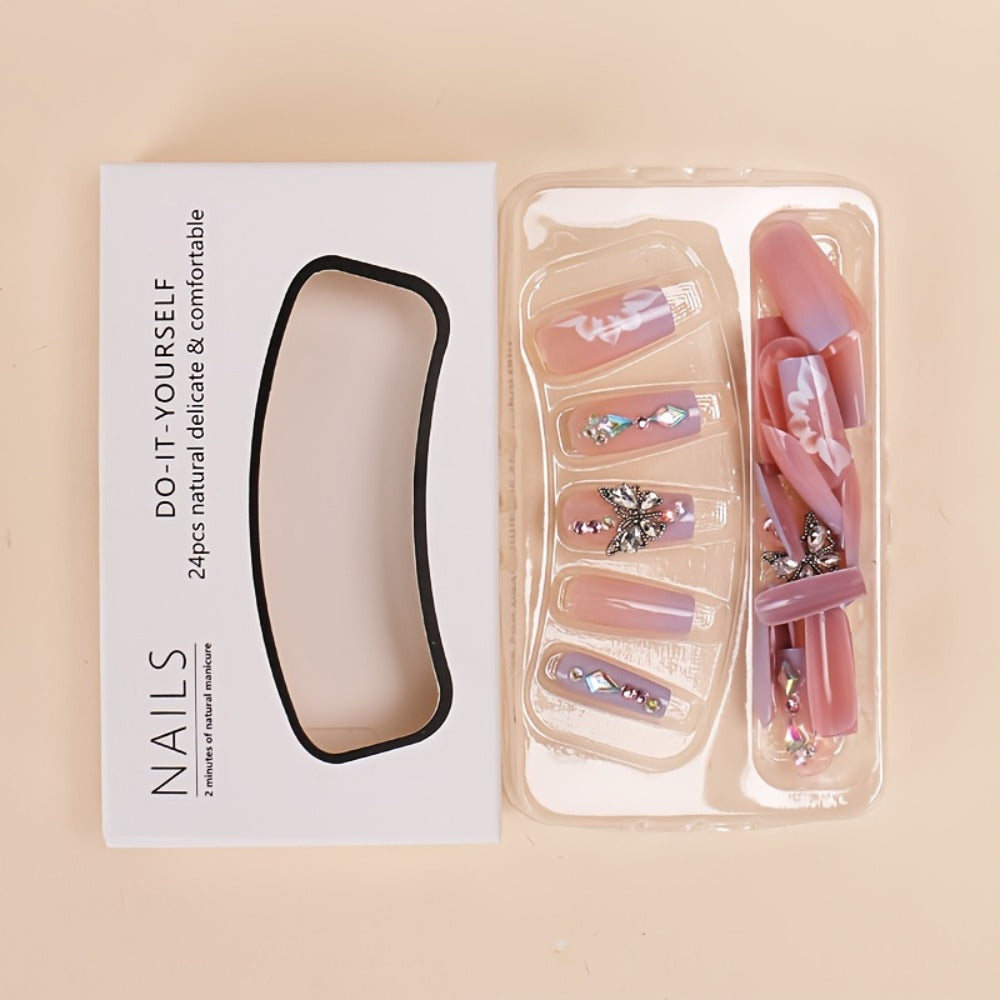 Press On Nails 96-Piece Long Ballerina Blue Gradient 3D Flower Butterfly Set with Four Bracelets — image 15