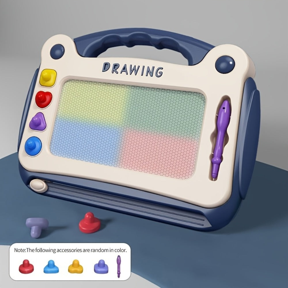 Portable Kids Magnetic Drawing Board with Four Shape Stamps, Tethered Stylus, Carry Handle and Slide Eraser — image 5