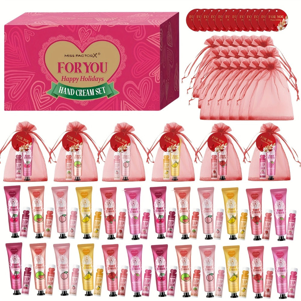 Wedding Party Favor Beauty Gift Set 96pcs, Bulk Women's Gift Box with Hand Cream, Lipstick, Red Bag & Card — image 1