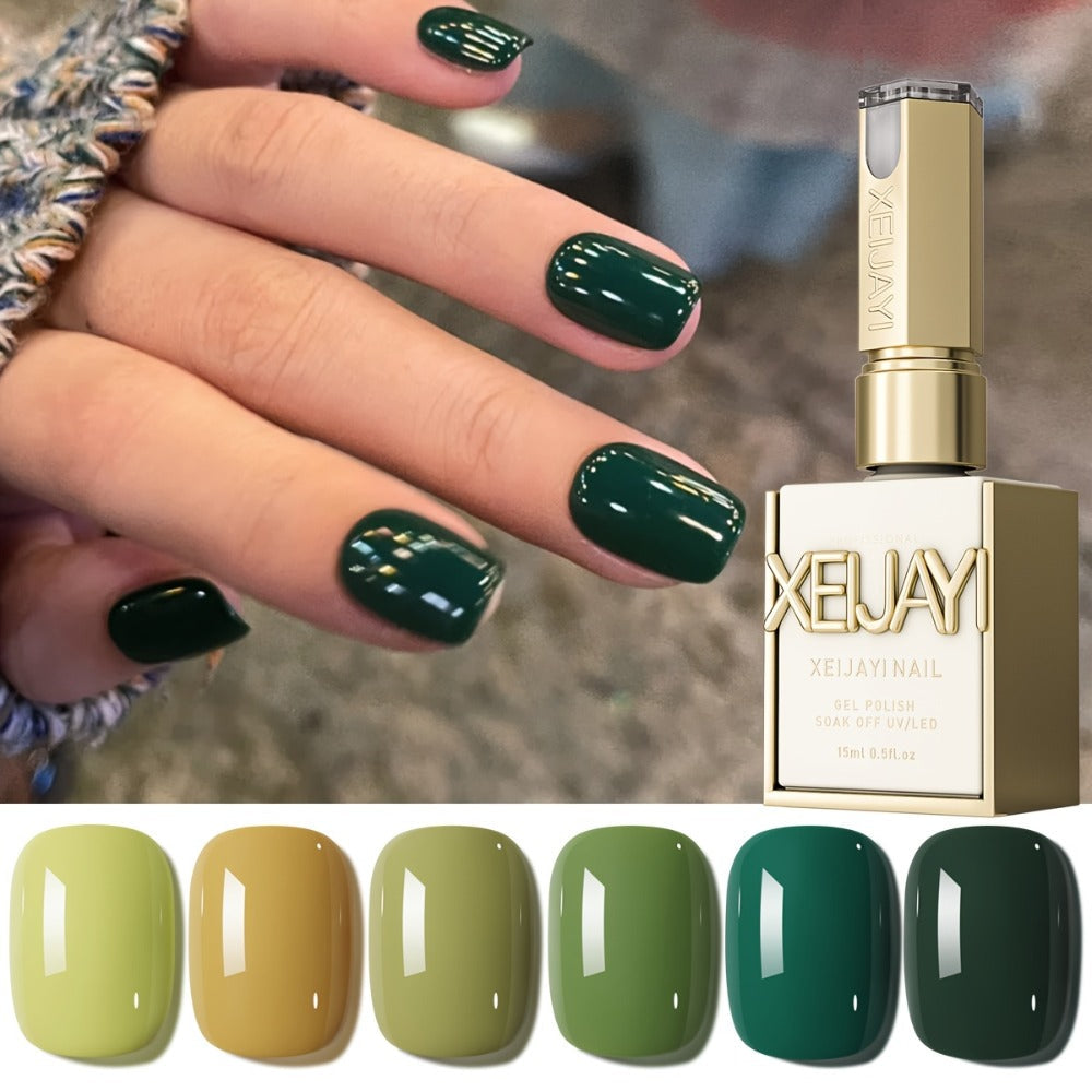 Gel Nail Polish Set with XEIJAYI Label, 6 Nude Pink Green and Glitter Colors, Shades 25 to 32 — image 1
